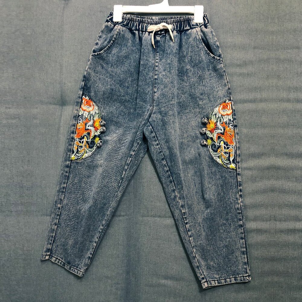 Embroidered High-Waisted Elastic Barrel Baggy Tapered Jean Pants - Size Small